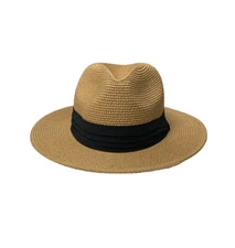 Tan Beige paper straw fashion hat black ribbon trim size medium boho resort