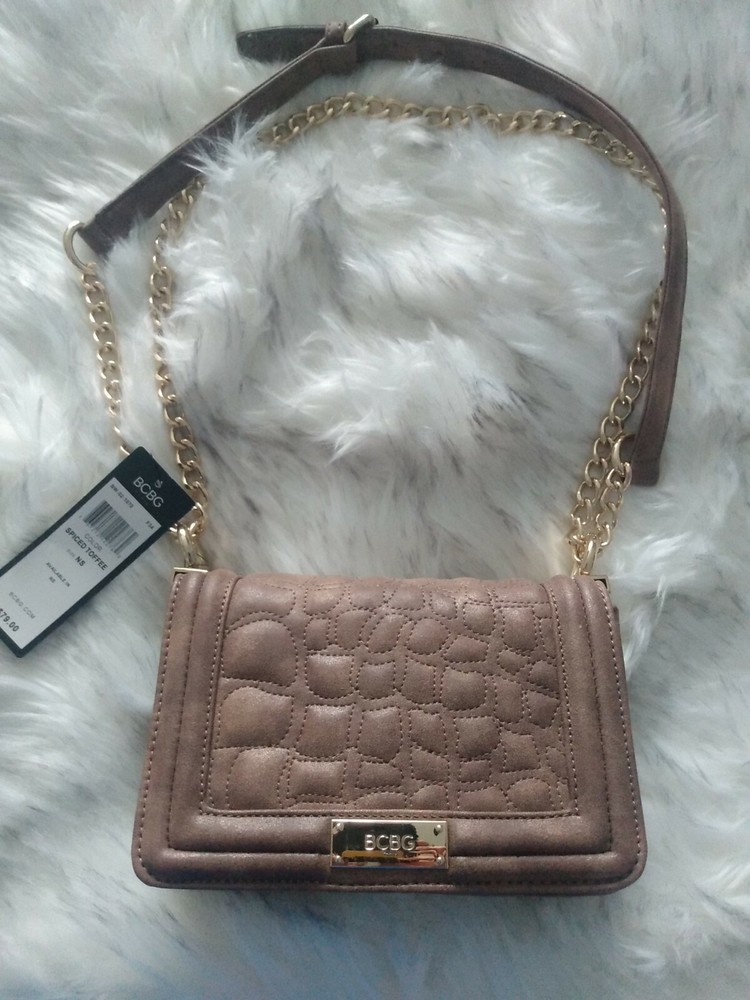 NWT LEATHER BCBG PARIS SPICED TOFFEE TAN GOLD CHAIN DESIGNER PURSE HANDBAG SMALL