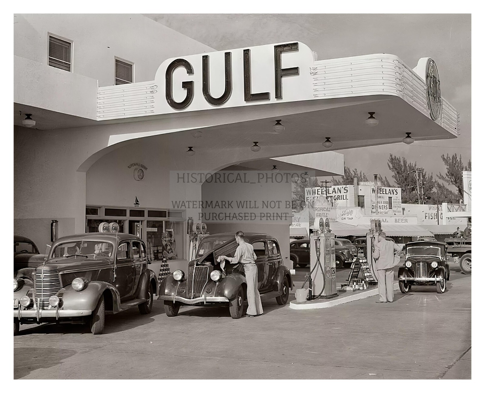 GULF GAS STATION PUMPS OLD CARS 1940s 8X10 PHOTO