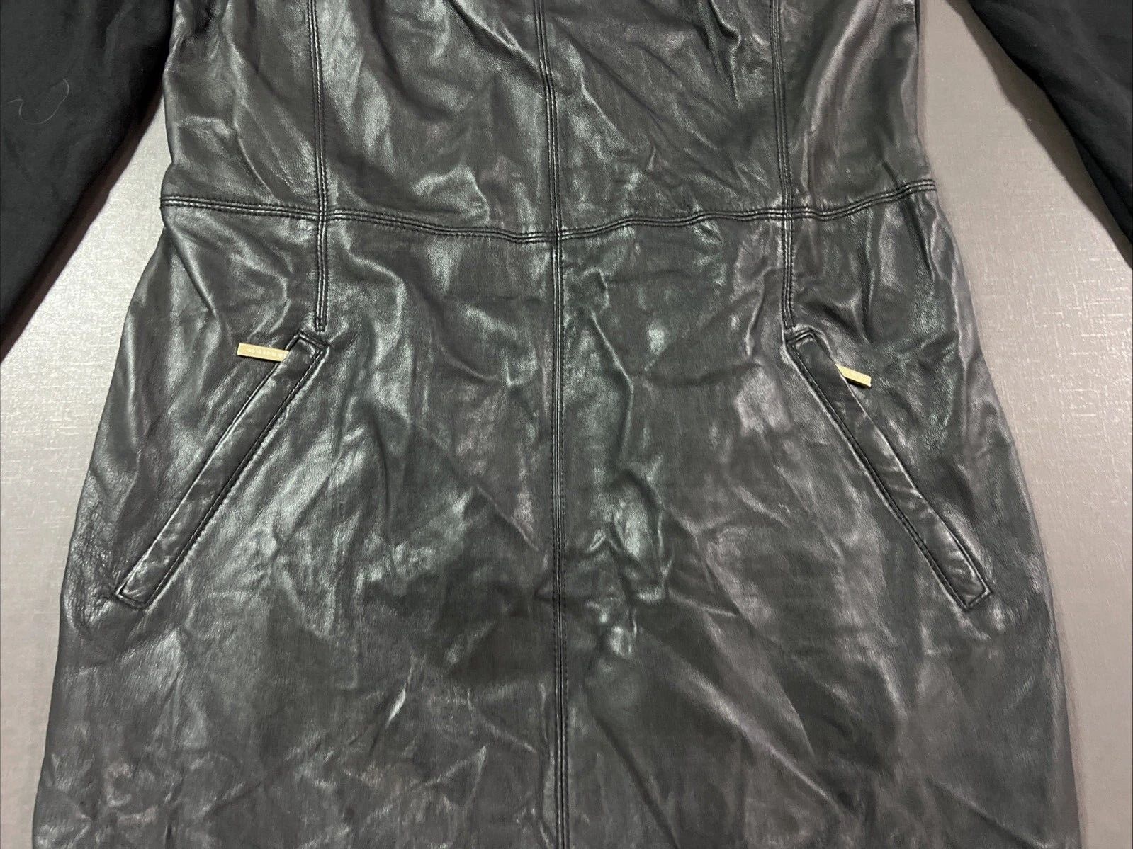 Abito donna Michael Kors piccolo nero pelle di agnello manica lunga zip tasche Italia