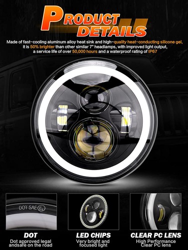 Pair For Porsche 911 912 914 924 928 944 7" Round LED Headlights Hi/Lo Beam DRL - Picture 7 of 9