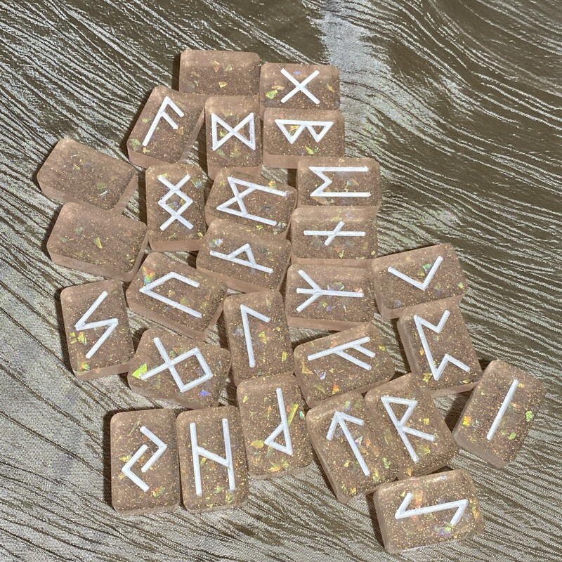 Peachy Pink Sparkle Translucent Resin Runes, Elder Futhark, Pagan, Set Of 27