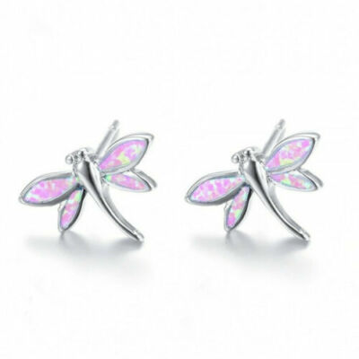 Cute New Silver Fashion Jewelry Pink Simulated Fire Opal Dragonfly Stud Earrings
