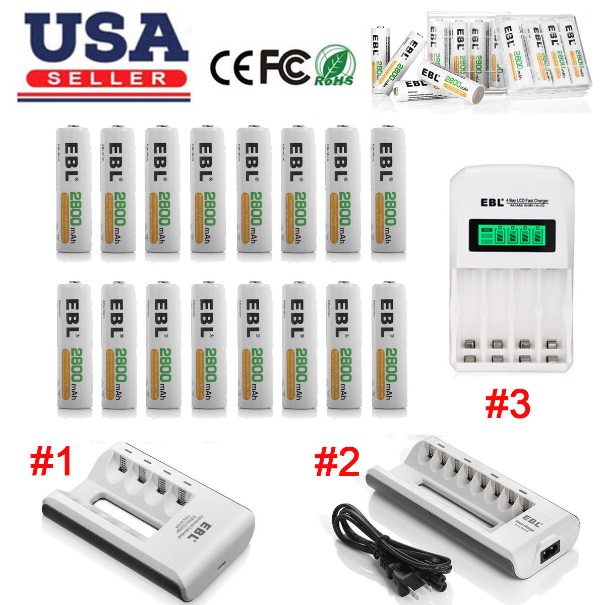 2800mAh AA AAA Rechargeable Batteries with Ni-MH Cd Charger Pack  -image