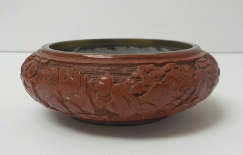 Antique Chinese Cinnabar 3.75" Dish, Cloisonne Enamel Interior - Picture 4 of 11