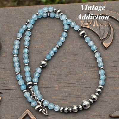 A+Natural Blue Topaz Navajo Pearl Necklace Sterling Southwest Squash Pawn 19''