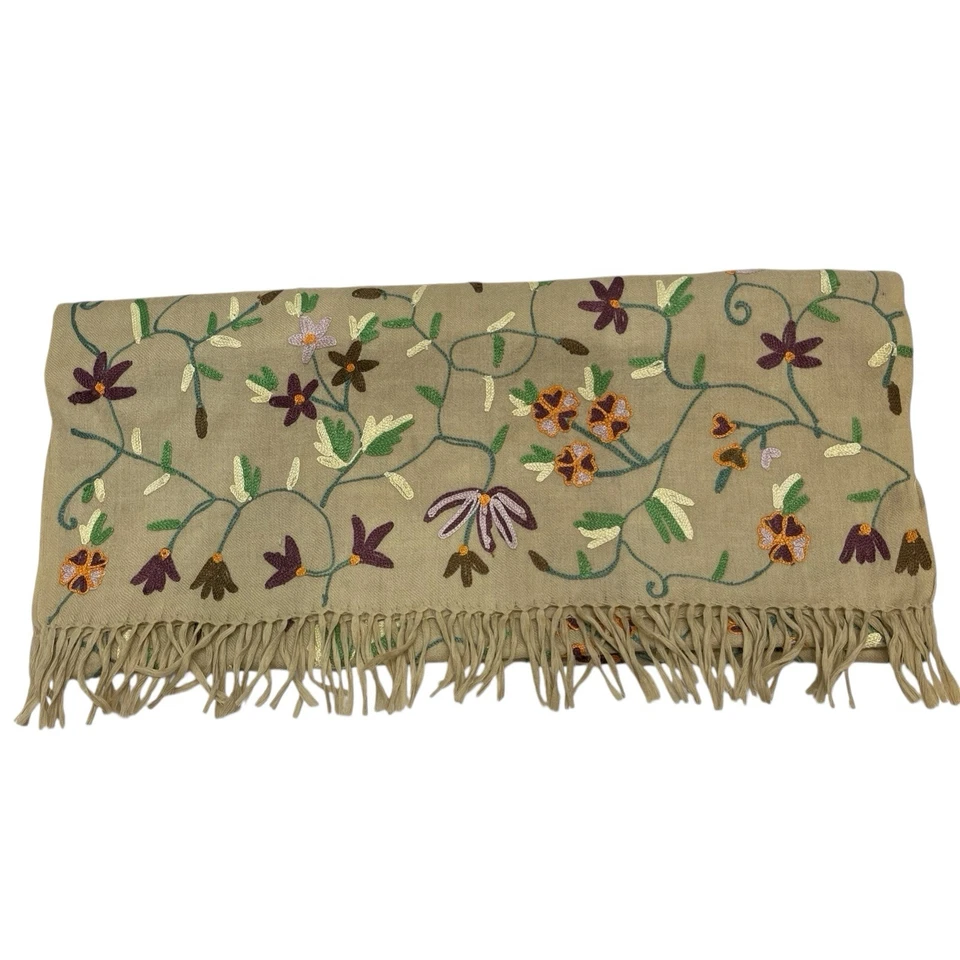 Bufanda De Colección Oscar Da La Renta Lana Tostada Floral Bordada Flecos Boho Hippie Foto 3 de 4