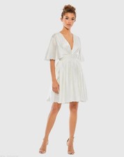 Ieena for Mac Duggal 26605 White Satin Flowy Flutter Sleeve Mini Dress Size 4