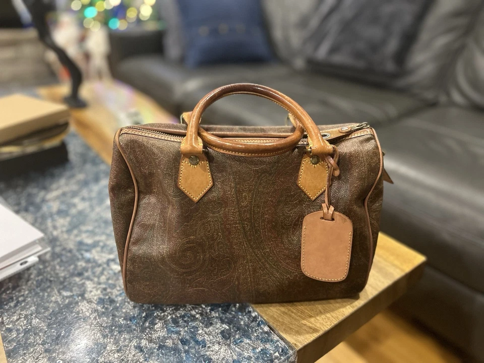 Bolso Etro Boston Paisley Marrón Beige PVC Cuero Mujer Auténtico Usado Foto 2 de 4