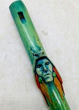 Handmade Green Hand Painted  Carved Native American Style Flute