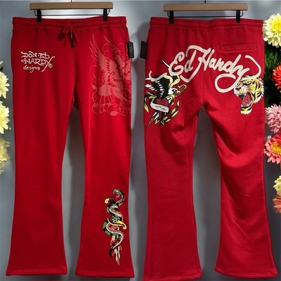 Ed Hardy Red Fleece Bootcut Sweatpants XL Tiger Snake Tattoo Y2K NWT 38x32