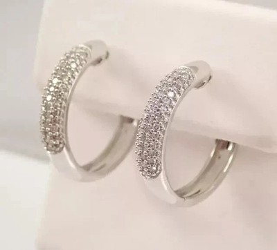 Stunning Hoop Clip On Earrings In 14K White Gold Plated Round Simulated Diamond