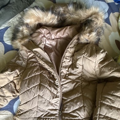 D by D Know Women's Beige Long Hooded Puffer Coat Faux Fur Trim Full Zip 14/16
