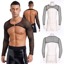 Mens Fishnet Muscle Undershirts Workout Hollow Long Sleeve Crop Top Clubwear
