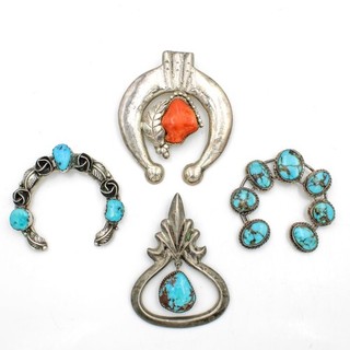 Southwest Sterling Turquoise Red Coral Naja Sand Cast Pendant Lot of 4 #S4577 1