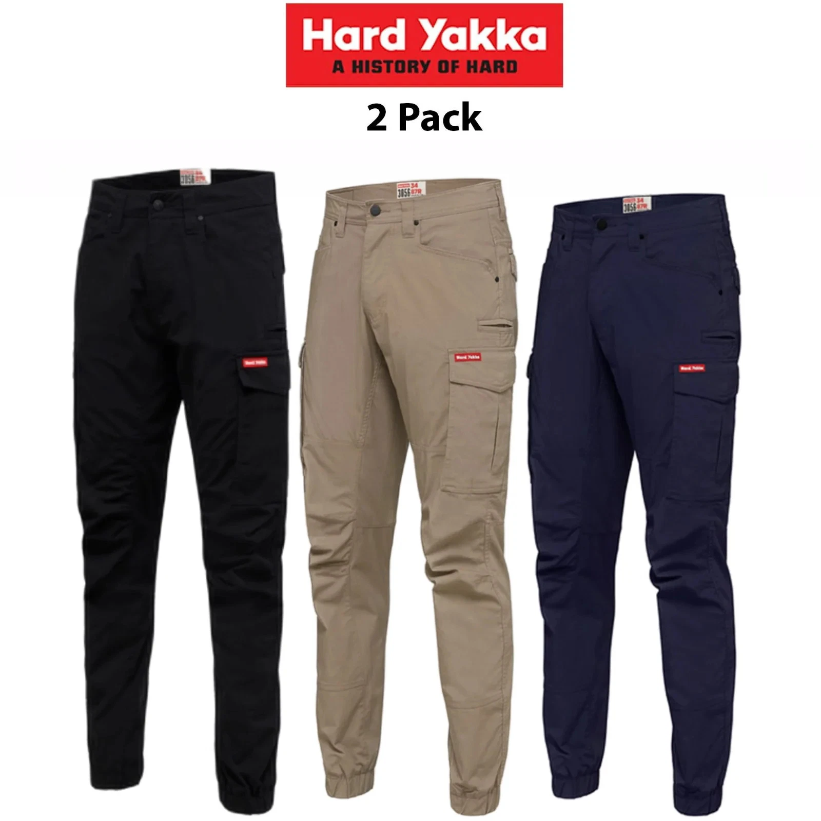 Hard Yakka 2 Pack Pants Cuff 3056 Ripstop Stretch Cargo Slim Fit Tough Y02340
