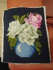 Vintage Completed Needlepoint Floral Design 7-3/4" x 10" Unframed Cottagecore