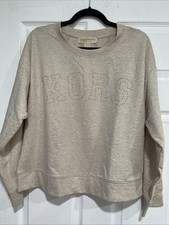 Michael Kors Women  s Sweatshirt Gold Studded Logo Beige Long Sleeve SZ Medium
