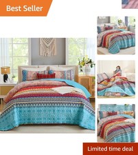 Vibrant Blue Red Bohemian Quilt Set Queen - Lightweight  Cozy for All Seasons