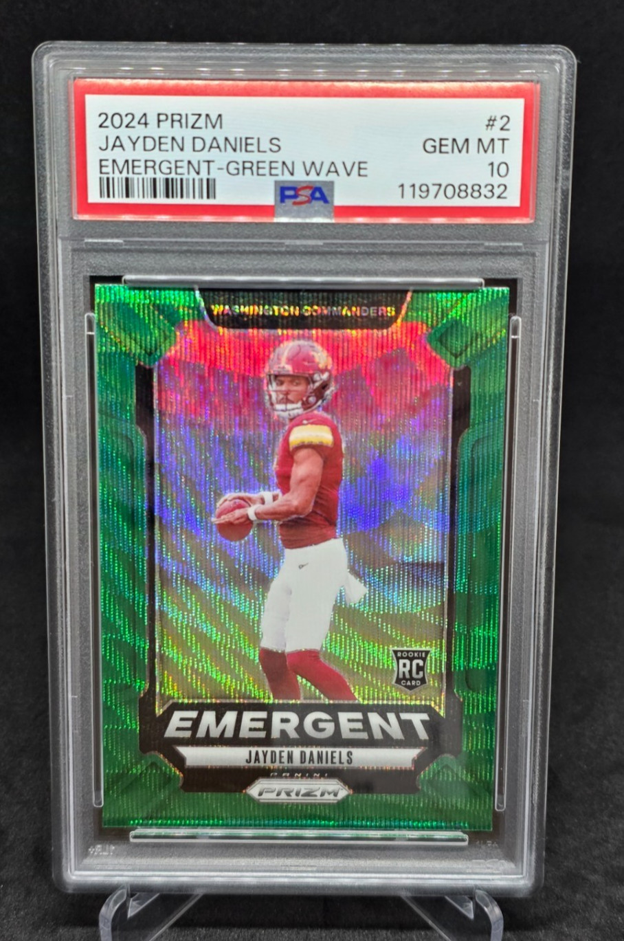 2024 Prizm Jayden Daniels #2 Emergent Green Wave RC - Commanders - PSA 10