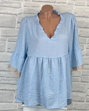 leichte Italy Oversize Leinen Bluse Tunika Shirt Häkel Spitze 38 40 42 Blau C524