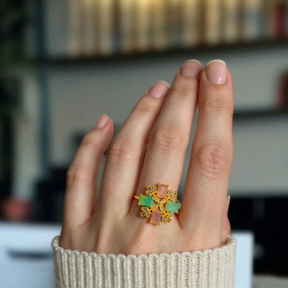 Bollywood Pink & Green Gold Ring American Diomonds & Monalisa Cocktail Ring''' - Image 2 of 4