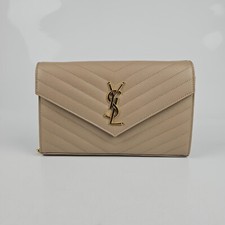 SAINT LAURENT Cassandre Classic Dark Beige Grained Leather Chain Wallet New