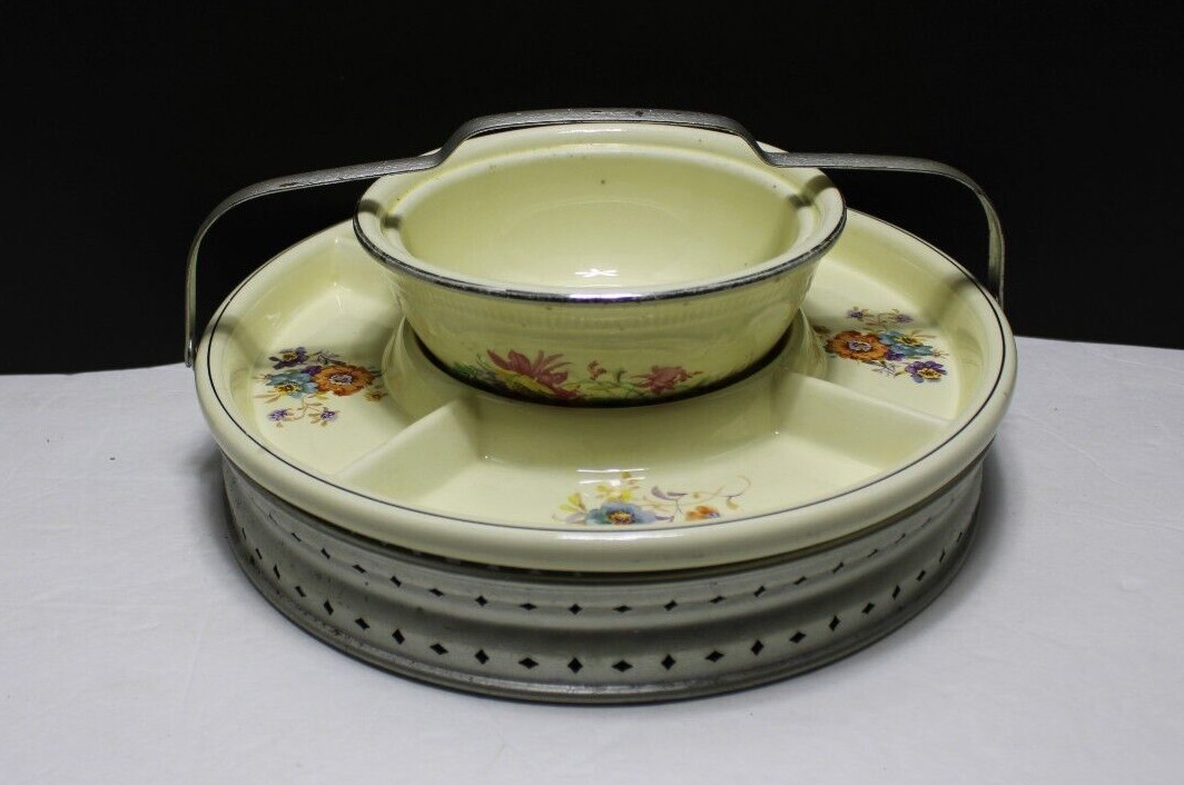 Vintage Royal Oven Serve Serving Plate and Bowl- Metal Holder with Handle 10.5"