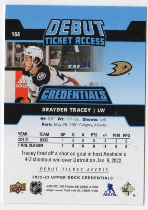 2022-23 UD Credentials Brayden Tracey #164 Blue Debut Ticket Access /99 Anaheim - Image 2 of 2