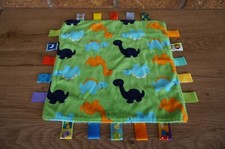 Taggies SECURITY Blanket Dinosaur Print Green Blue Orange Tag Lovey Toy Flat 12"