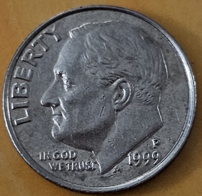 1999 P Mint Mark, Roosevelt Dime, Full Bands, Nice Collectors Item