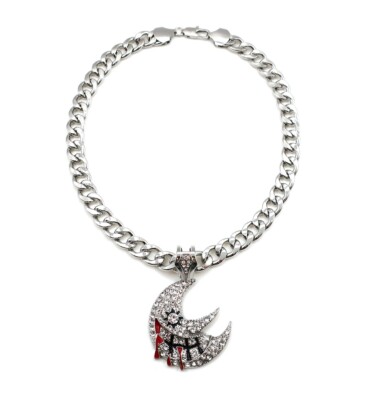 Mens Soul Eater Moon Pendant Cuban Link Chain 18'' to 30'' 14k White Gold Plated