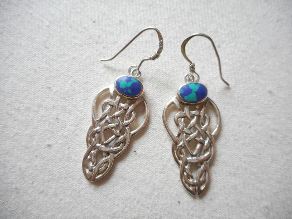 Sterling Silver 925 Celtic Knot Azurite Dangle Earrings   181611 - Image 2 of 4