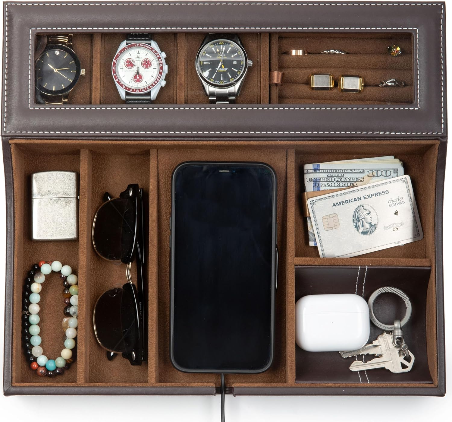Navigator Large Dresser Valet Tray and Mens Jewelry Box Organizer with Watch Holder