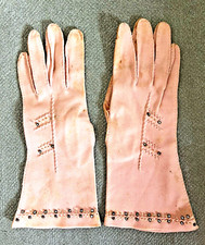 Faux Pearl Sequined Dressy Evening Pink Gloves Size M - 9.5" Long 1960s VTG
