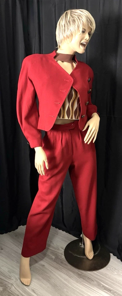 CHRISTIAN DIOR 90 年代羊毛红色高腰打褶裤子套装 2-4 码 — 第 4/4 张图片