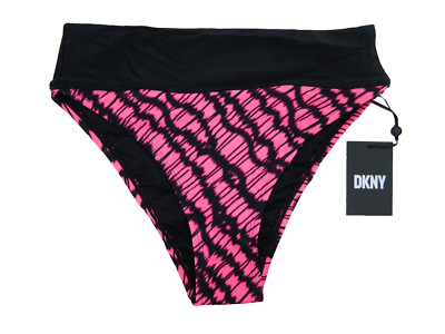 DKNY Extra Large Black/Neon Pink Printed Bikini Swimsuit Bottoms NWT $58 XL