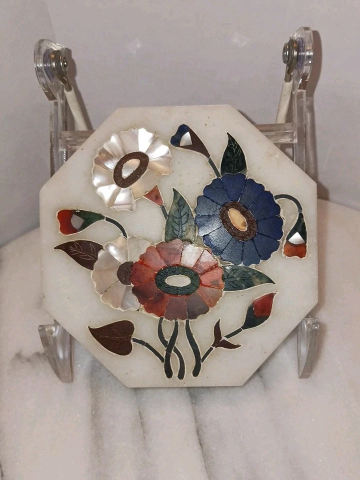 Arte con incrustaciones de mármol Parchinkari hecho a mano 4′′ mosaico floral decoración del hogar arte  Foto 2 de 4