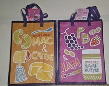 2 Trader Joe  s Reusable Tote Bag Bags Comfort Food Mac Cheese Peanut Butter NWT