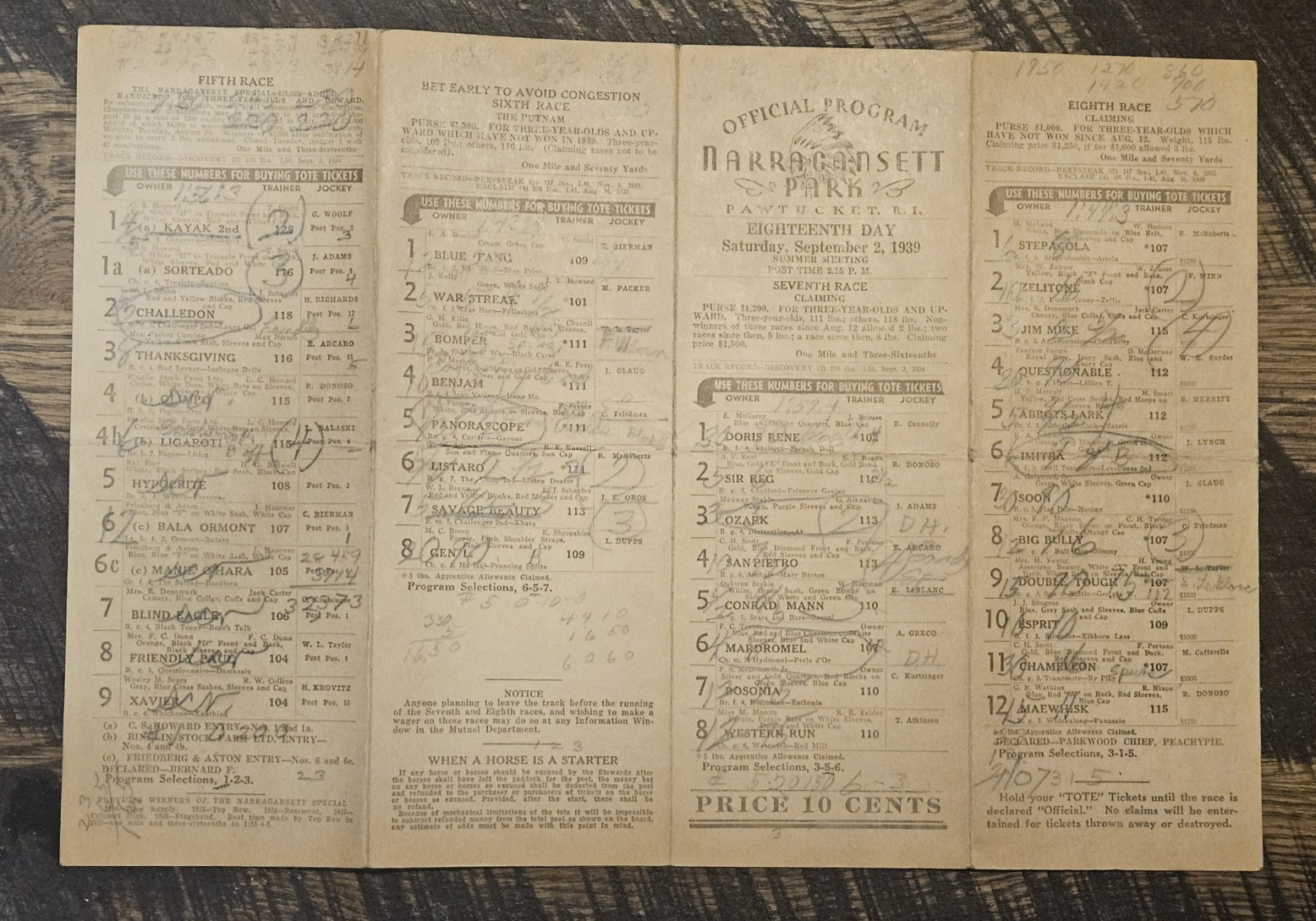 1939 Narragansett Park Racing Program- HOF Challedon, Kayak 2, Ligaroti, Special