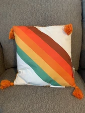 Autumn Decor Diagonal Striped & Solid Plush Pillow with tassels, 14x14, NWT