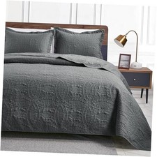 California King Size Quilt Bedding Cal King 118"x106" Coin Pattern Dark Grey