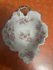 ELITE WORKS LIMOGES FRANCE ROSES Leaf-Shaped Small Bowl HAND PAINTED 5.75  4.75  