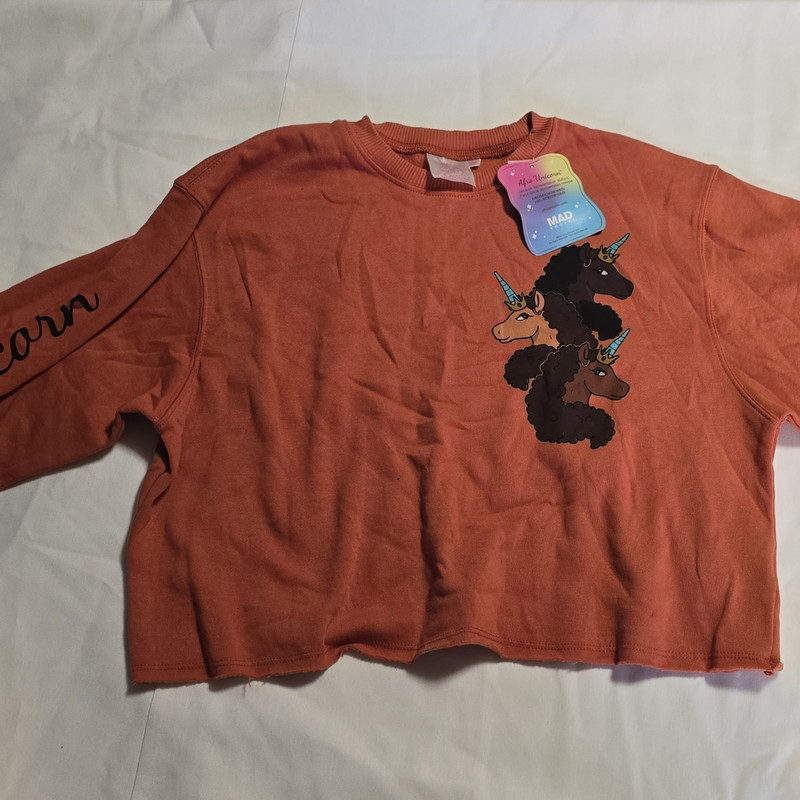 Afro Unicorn Girls Orange Long Sleeve Graphic Print Crew Neck Cotton Tee Size S