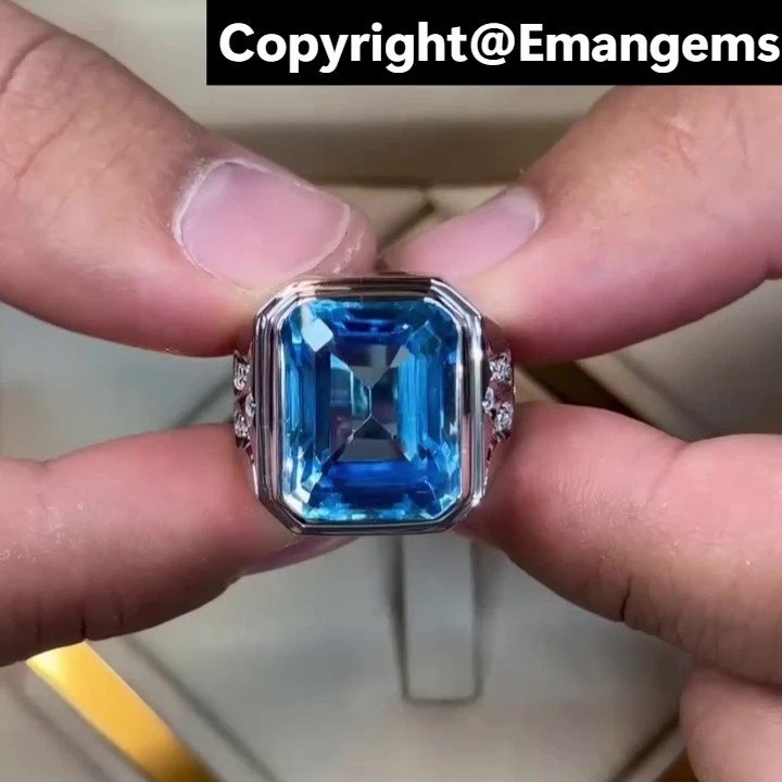 Кольцо с натуральным швейцарским голубым топазом из стерлингового серебра 925 пробы с неотапливаемым квадратным драгоценным камнем - Изображение 3 из 4