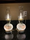 Vintage Hurricane Lamps, Set Of 2!! Pink Floral, White Milk Glass, 3-way Lights.