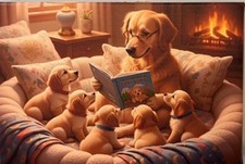 Golden Retriever with puppies Canvas Art Print. Gift for dog-lover