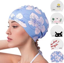 Adult Swim Caps, Silicone Waterproof Comfortable Blue Flower-12yrs 