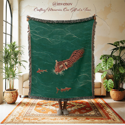 Japanese Tiger Koi Fish Woven Blanket, Swimming Tiger Wall Tapestry, 100% Cotton