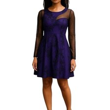 BCBGMaxAzria Dress Size 12 Blue Floral Black Mesh Cut Outs Long Sleeves Short